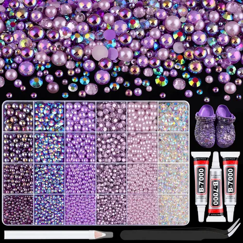 Miniatura 13 de 100g de cuentas de perlas planas y diamantes de imitación, 1-Rosa y blanco, tamaño mixto de 3-10mm, resina, diamantes de imitación y medias perlas