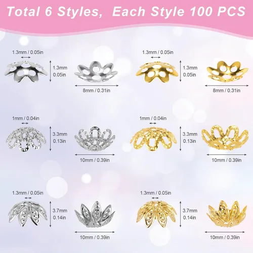 Miniatura 3 de HINZIC 600 cuentas de flores huecas de 0.315 y 0.394 pulgadas, 6 estilos de cuentas de filigrana para hacer joyas, cuentas espaciadoras doradas