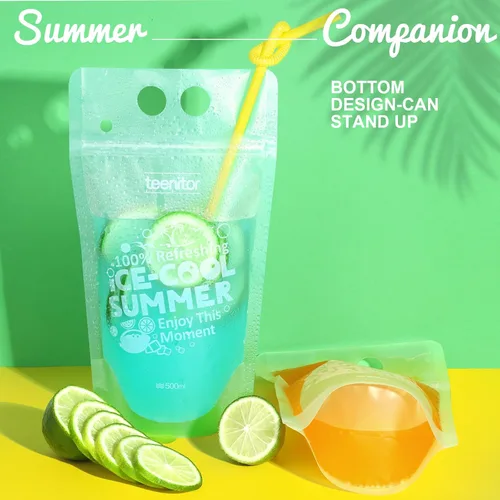 Miniatura 5 de Teenitor 100 bolsas de bebida con pajitas, bolsas de bebidas para jugos para adultos, bolsas de bebida reutilizables para licuados de jugos, bolsas
