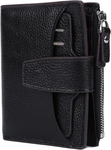 Miniatura 6 de Cartera de cuero con bloqueo RFID para mujer, pequeña, compacta, doble cremallera, con ventana para identificación