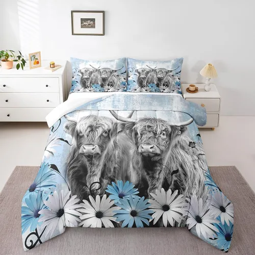 Miniatura 10 de Erosebridal Highland Cow - Juego de edredón tamaño matrimonial, juego de ropa de cama de toro de cuerno largo occidental para niños y adultos, Verde