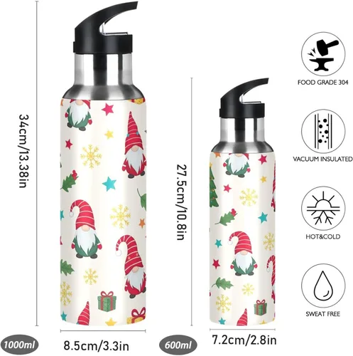 Miniatura 2 de Cute Christmas Gnomes Red Hats Insulated Stainless Steel Water Bottle with Straw 32 Oz, BPA-Free Sport Water Bottle Leakproof Water Bottles