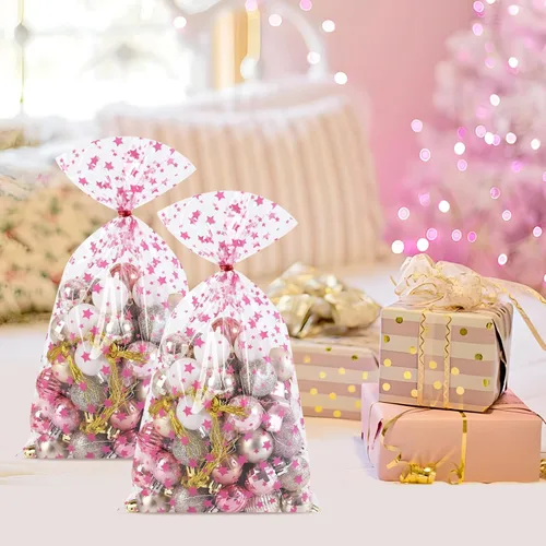 Miniatura 5 de COQOFA 100 Piezas Bolsas de Estrella Rosa de 7"X12" para Envolver Regalos, Bolsas de Celofán Cello, Bolsas de Dulces para Fiestas, Bolsas de Favor
