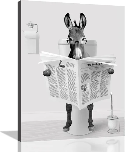 Miniatura 13 de Decoración de Arte de Pared en Blanco y Negro – Oso con Gafas Sentado en el Inodoro Leyendo Periódico, Impresiones en Lienzo, Imágenes de Animales