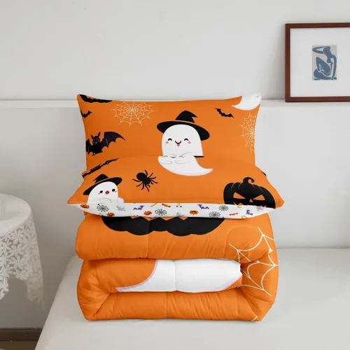 Miniatura 5 de Erosebridal Juego de edredón divertido de Halloween para niños, juego de ropa de cama de calabaza fantasma, decoración de Halloween para niños
