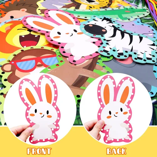 Miniatura 3 de Paquete de 12 tarjetas de encaje de animales de la selva, kits de costura para niños, león, animales salvajes, cartón, tarjetas de costura de doble