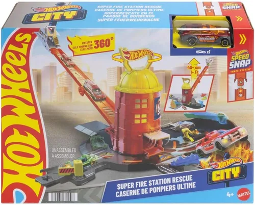 Miniatura 6 de Hot Wheels Juego de pistas de juguete para auto, estación de bomberos City Super Fire Station Rescue Playset y camión de bomberos a escala 1:64