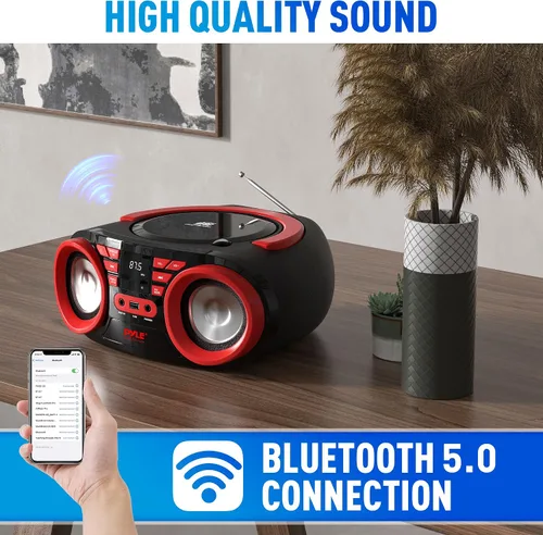 Miniatura 5 de Pyle Reproductor de CD portátil Bluetooth Boombox altavoz - Radio estéreo AM/FM y sonido de audio, compatible con CD-R-RW/MP3/WMA, USB, AUX