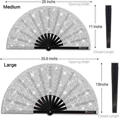 Miniatura 6 de Ventilador de mano plegable con purpurina para hombres y mujeres, ventilador de mano para EDM, festival, club, fiesta, baile (plateado)