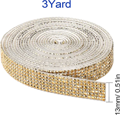 Miniatura 3 de Berenlu Cinta autoadhesiva de diamantes de imitación de cristal, calcomanía decorativa dorada con diamantes de imitación de 0.079 pulgadas, Dorado