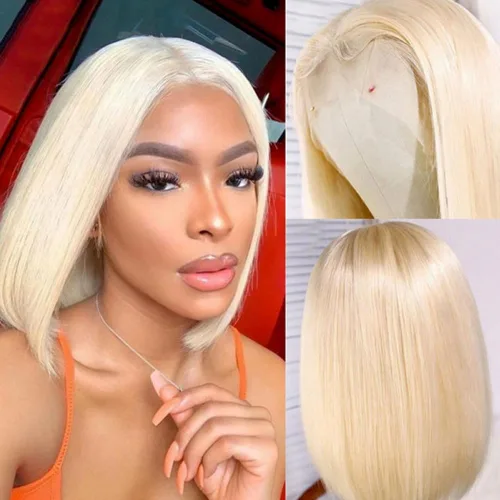 Miniatura 2 de Pelucas de cabello humano 613 Bob de 10 pulgadas 13x4 HD transparente con encaje frontal, peluca de cabello humano rubio Bob peluca prearrancada