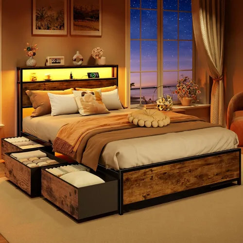 Miniatura 7 de Forestell Base de cama de tamaño matrimonial con cabecera de almacenamiento y 6 cajones, marco de cama resistente con estación de carga, luces LED