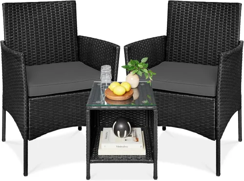 Miniatura 17 de Best Choice Products Juego de 3 piezas de mimbre para conversación al aire libre, muebles de patio que ahorran espacio para jardín con mesa