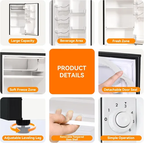 Miniatura 9 de Mini refrigerador de 3.2 pies cúbicos de una sola puerta con congelador, termostato ajustable, refrigerador pequeño de bajo ruido de ahorro