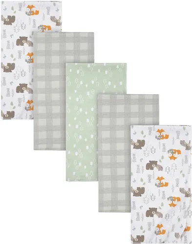 Gerber Niños Recién Nacido Bebé Lactante Guardería 100% Algodón Franela Manta de Recepción y Envoltura, Bosque Blanco, Paquete de 5 Blanco Woodland