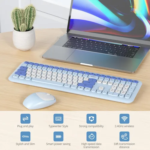 Miniatura 3 de Combo de teclado y mouse inalámbricos de 104 teclas, tamaño completo, color azul con teclas redondas silenciosas, ideal para portátiles y Azul blanco