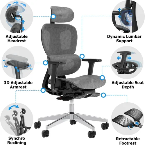 Miniatura 4 de PatioMage Silla de oficina ergonómica, silla de escritorio grande y alta con soporte lumbar ajustable y profundidad del asiento, silla de Gris oscuro