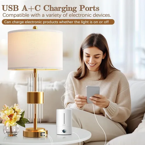 Miniatura 4 de QiMH Juego de 2 lámparas de mesa doradas para dormitorio, con luz nocturna, moderna lámpara de noche con 2 puertos de carga USB A+C, lámpara