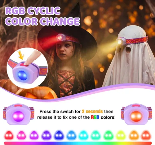 Miniatura 3 de EverBrite Linterna frontal LED recargable para niños con modo RGB y diadema ajustable, 3 modos multicolor para acampar, leer, explorar, Halloween
