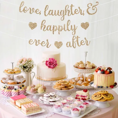 Miniatura 8 de Cartel preencordado con texto en inglés "Love Laughter & Happily Ever After", "No hazlo tú mismo" – Cartel dorado con purpurina para despedida