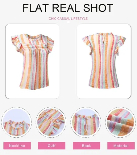 Miniatura 5 de SHEWIN Camiseta sin mangas de verano para mujer, cuello redondo, casual, con volantes