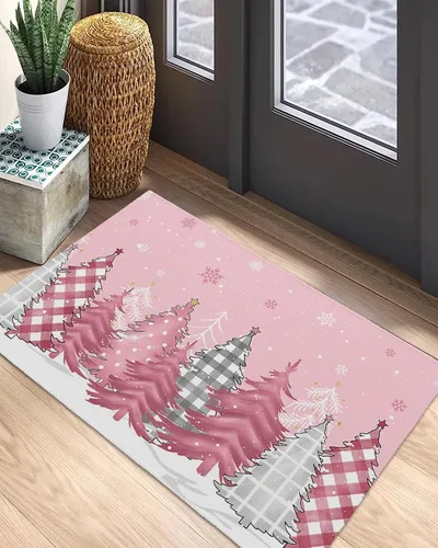 Miniatura 5 de Savannan Tapetes para suelo, árbol de Navidad a cuadros, copos de nieve, fondo rosa, antideslizante, parte trasera de látex, ultrafina
