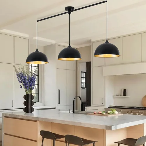 Miniatura 6 de Luces colgantes para isla de cocina, paquete de 3 lámparas colgantes de cúpula con acabado negro y dorado, lámpara colgante industrial para comedor