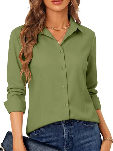Miniatura 16 de BBIBBI Camisa de vestir elástica de manga larga con botones para mujer, blusa de trabajo casual de negocios (clásica, recortada y alta)