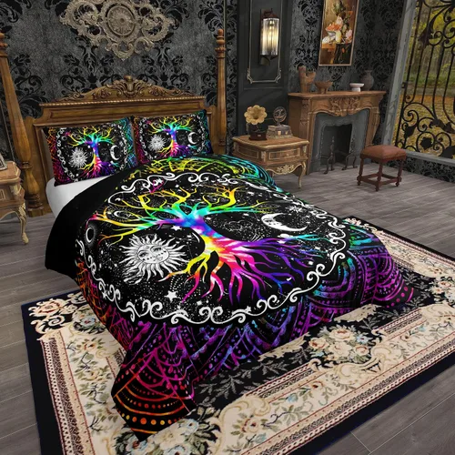 Miniatura 2 de Erosebridal - Juego de edredón tamaño King con diseño de Árbol de la Vida, juego de cama colorido de sol y luna para hombres y mujeres, edredón