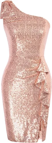 Belle Poque Vestido ajustado de lentejuelas para mujer, vintage, de un hombro, brillante, con flecos, para cóctel, fiesta, club