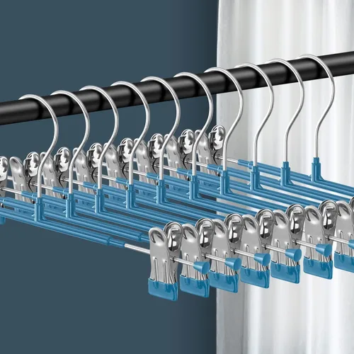 Miniatura 10 de Paquete de 10 perchas resistentes de 12 pulgadas para faldas y pantalones con clips, perchas de metal para pantalones de mezclilla, color negro