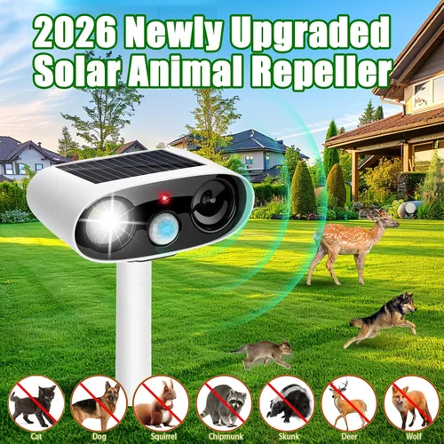 Miniatura 2 de Repelente solar ultrasónico de animales para exteriores, dispositivos repelentes de ciervos y gatos, paquete de 2 unidades, repelente ultrasónico