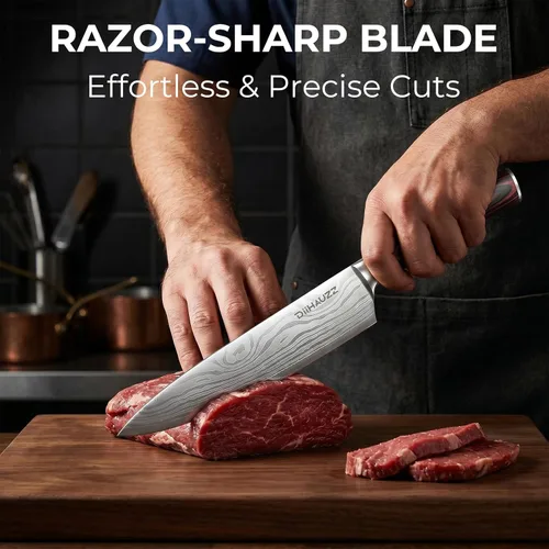 Miniatura 3 de DiiHAUZZ Cuchillo de chef de 8 pulgadas, cuchillo de cocina ultra afilado en acero inoxidable de alto carbono para chefs profesionales y caseros