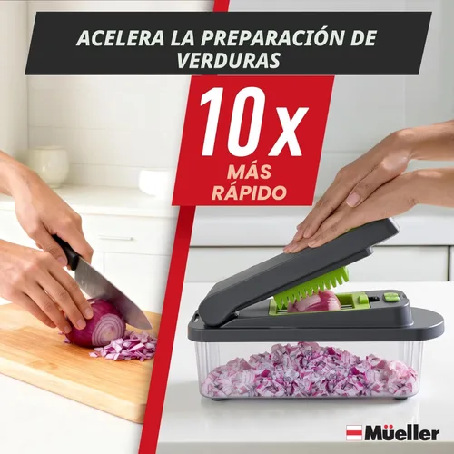 Miniatura 3 de Mueller Pro-Series 10 en 1, picadora de verduras de 8 cuchillas, picador de cebollas, cortador, picador, rebanador de huevos con recipiente