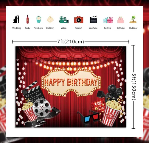 Miniatura 5 de Telón de fondo de noche de película, alfombra roja, temática de película, fondo de fiesta de cumpleaños, decoración de fotografía, accesorios