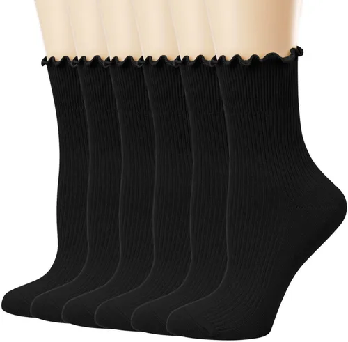 Mcool Mary Calcetines para mujer, con volantes, estilo casual, transpirables, de punto, de algodón, con volantes, paquete de 6