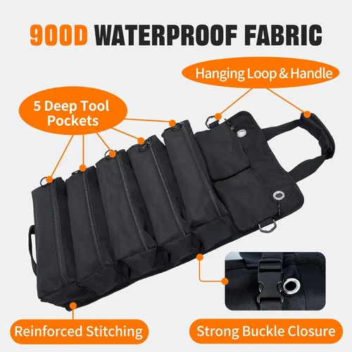 Miniatura 4 de Organizador plegable portátil de herramientas enrollable con 5 compartimentos y 2 bolsas desmontables, bolsa de herramientas de servicio pesado Negro