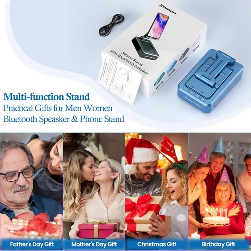Miniatura 8 de JTEMAN Soporte para teléfono celular con altavoz Bluetooth, sonido estéreo HD y base antideslizante, soporte plegable ajustable para teléfono de Azul