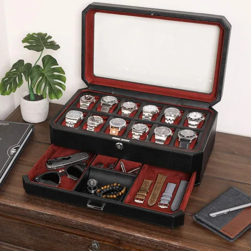 Miniatura 2 de Caja de reloj con cajón de valet para hombres 12 ranuras, caja de reloj de lujo, organizador de exhibición, forro de microgamuza, soporte
