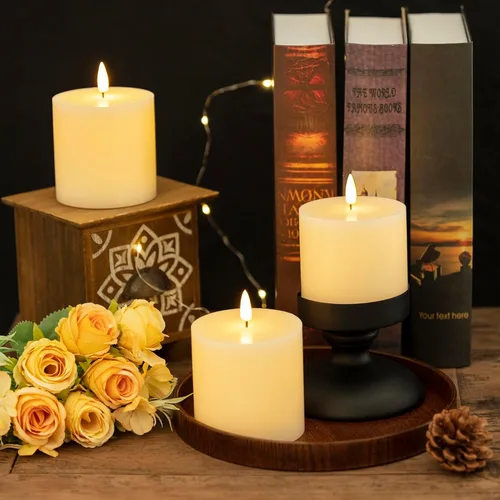 Miniatura 3 de volnyus Juego de 3 velas sin llama (3 x 3 pulgadas) parpadeantes LED de cera real, funcionan con pilas con temporizadores de control remoto