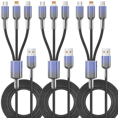 Miniatura 8 de Cable de carga múltiple (paquete de 2 cables de 4 pies) 3 en 1 para múltiples dispositivos, cable de carga universal trenzado de nailon para Negro