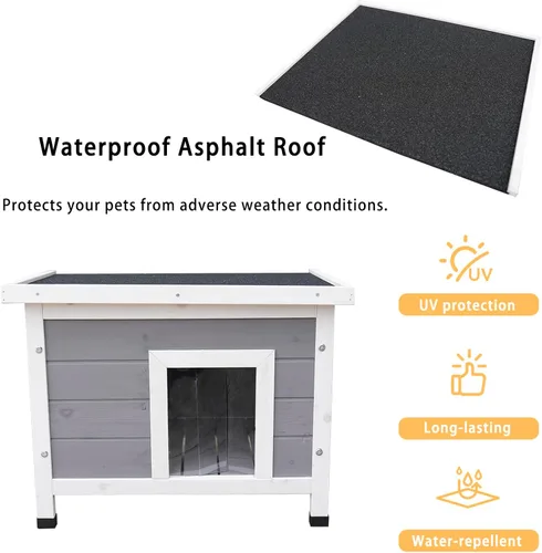 Miniatura 4 de Casa de madera maciza para gatos y perros, cabaña para mascotas al aire libre para conejos, gatitos y perros pequeños, cortina resistente al viento