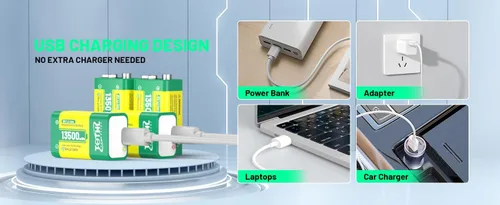 Miniatura 7 de Paquete de 4 baterías de 9 V para detector de humo, baterías de litio recargables por USB de 9 V, baterías de litio de 9 V recargables de larga