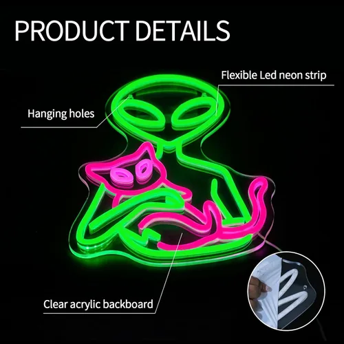 Miniatura 6 de Letrero de Neón Alienígena para Decoración de Pared Regulable Luces LED de Gatos Alienígenas para Dormitorio Luz de Neón Verde para Sala