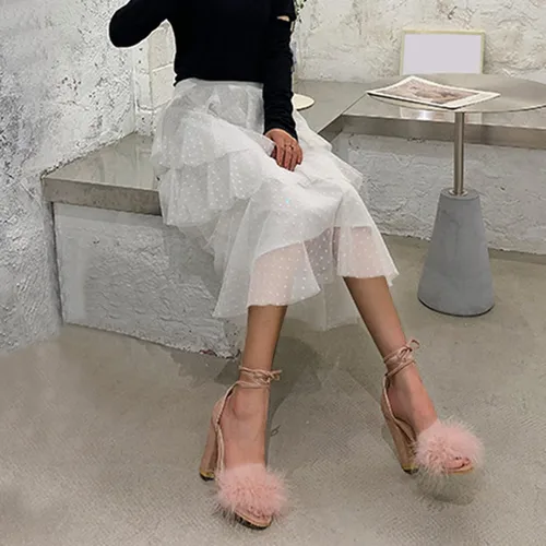 Miniatura 3 de ZiSUGP Sandalias de tacón alto con pompones y tacón ancho para mujer