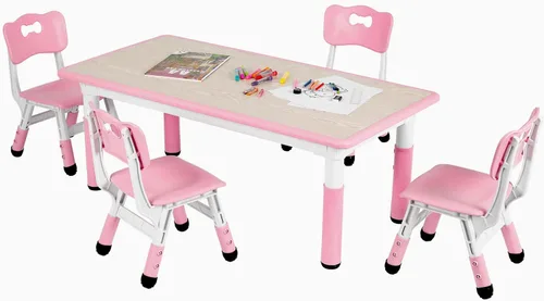 Miniatura 9 de Arlopu Mesa y 4 sillas para niños, juego de escritorio y sillas para niños pequeños de altura ajustable, patas antideslizantes, escritorio de Beige