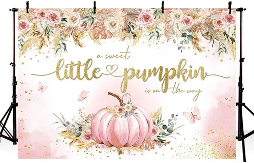 Miniatura 2 de MEHOFOND Telón de fondo bohemio de calabaza de otoño de 7 x 5 pies para niñas, diseño floral rosa con texto en inglés "A Sweet Little Pumpkin Is On