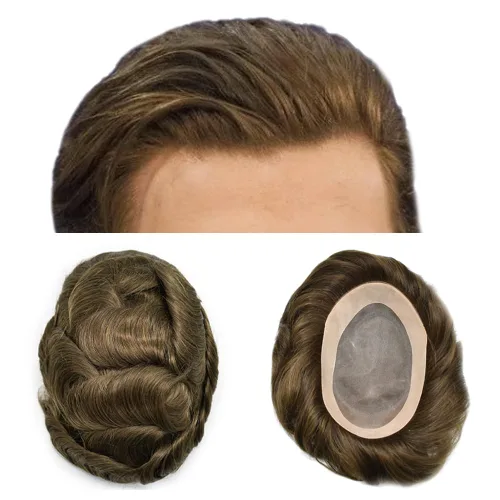 Miniatura 25 de Toupee para hombres sistemas de reemplazo de piezas de cabello humano real, duradero, fino, mono para hombre, tupé, sistema de cabello para hombre