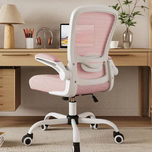 Mimoglad Silla de oficina ergonómica de malla con respaldo alto, soporte lumbar ajustable, cojín de asiento grueso (moderno, rosa español)