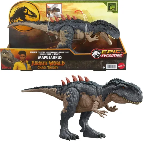 Mattel Jurassic World Figura de acción de rastreadores gigantes, juguete de dinosaurio Mapusaurus con ataque de rabieta de mordida mega, espinas